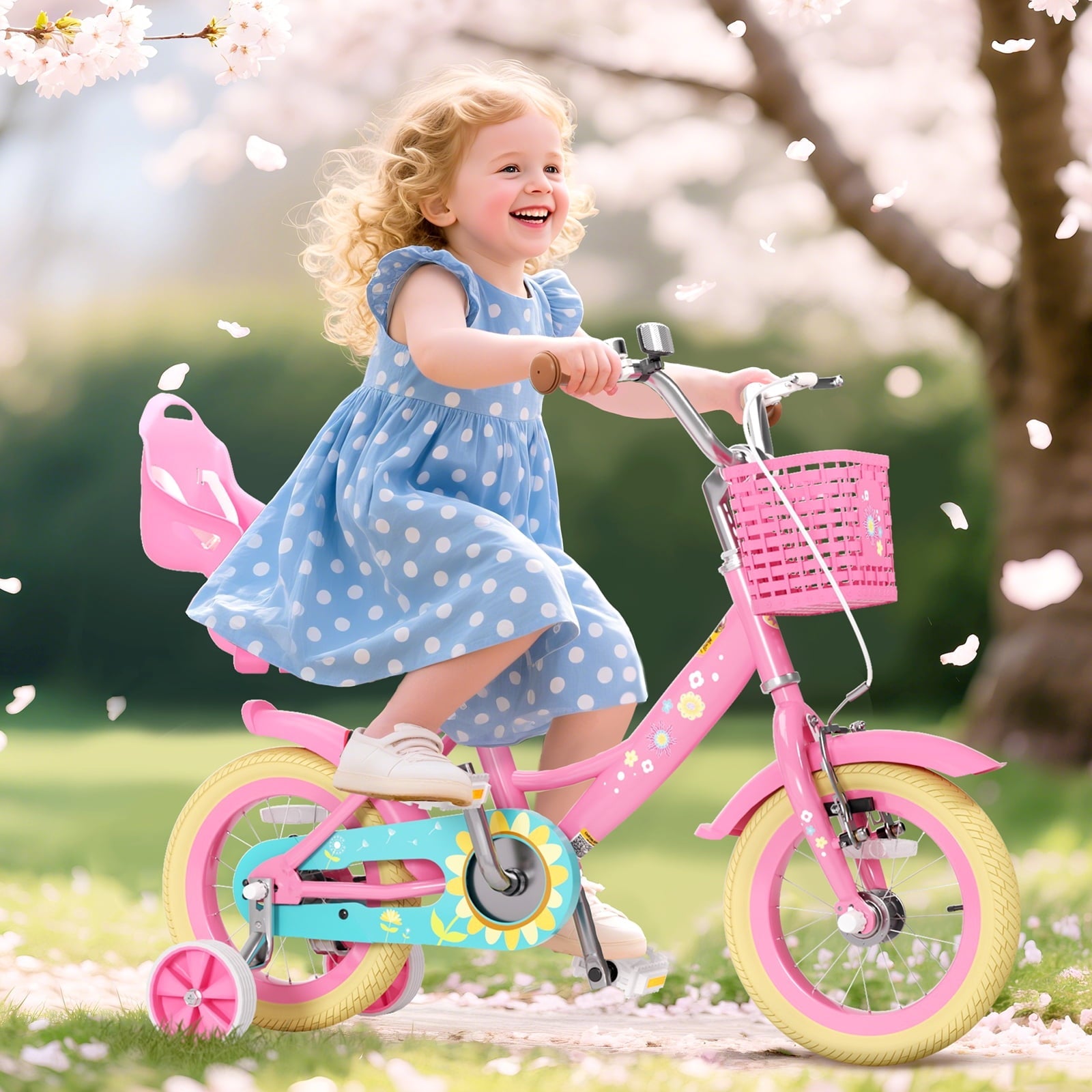 Korimefa Girls Bike for 3-9 Years Old Kids, 12 14 16 inch Kids Bike with Training Wheels, Basket and Doll Seat, Children Bicycles with Handbrake, Pink