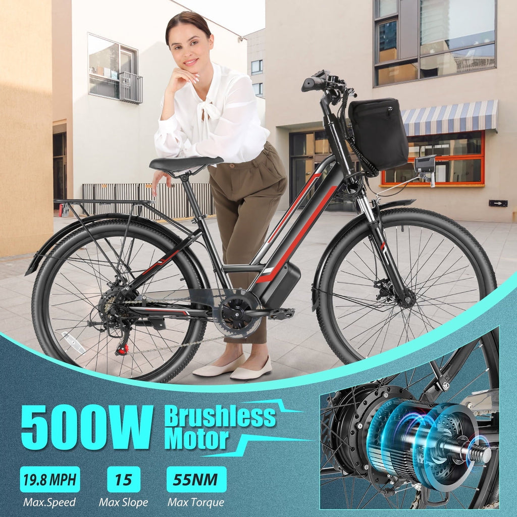 Elifine 500W Electric Bike for Adults, 26 Commuter Electric Bicycle 19.8mph City Ebike with 5 Riding Modes, 48V 7.8Ah Removable Battery UL 2849, LCD Intelligent Display Hybrid Electric Bike Red