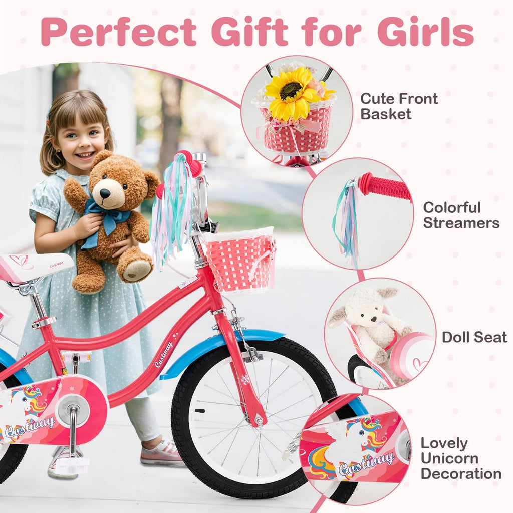 Costway 18 Inches Kids Bicycle with Training Wheels & Basket for Girls Age 4-8 Years Pink