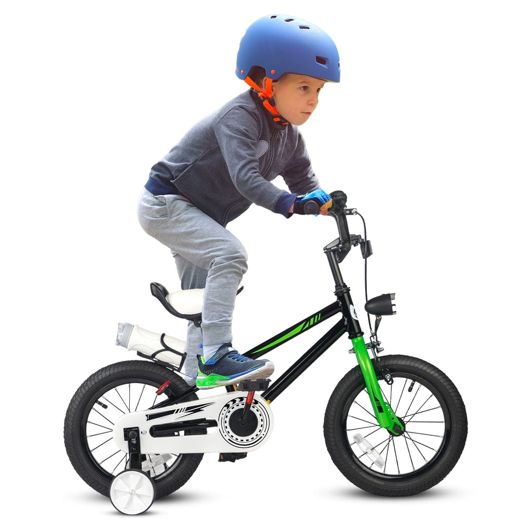GLAF 12 14 16 Inch Boys Bike with Training Wheels & Water Bottle Holder, for Kids Ages 2-7 Years, Durable Construction, Green
