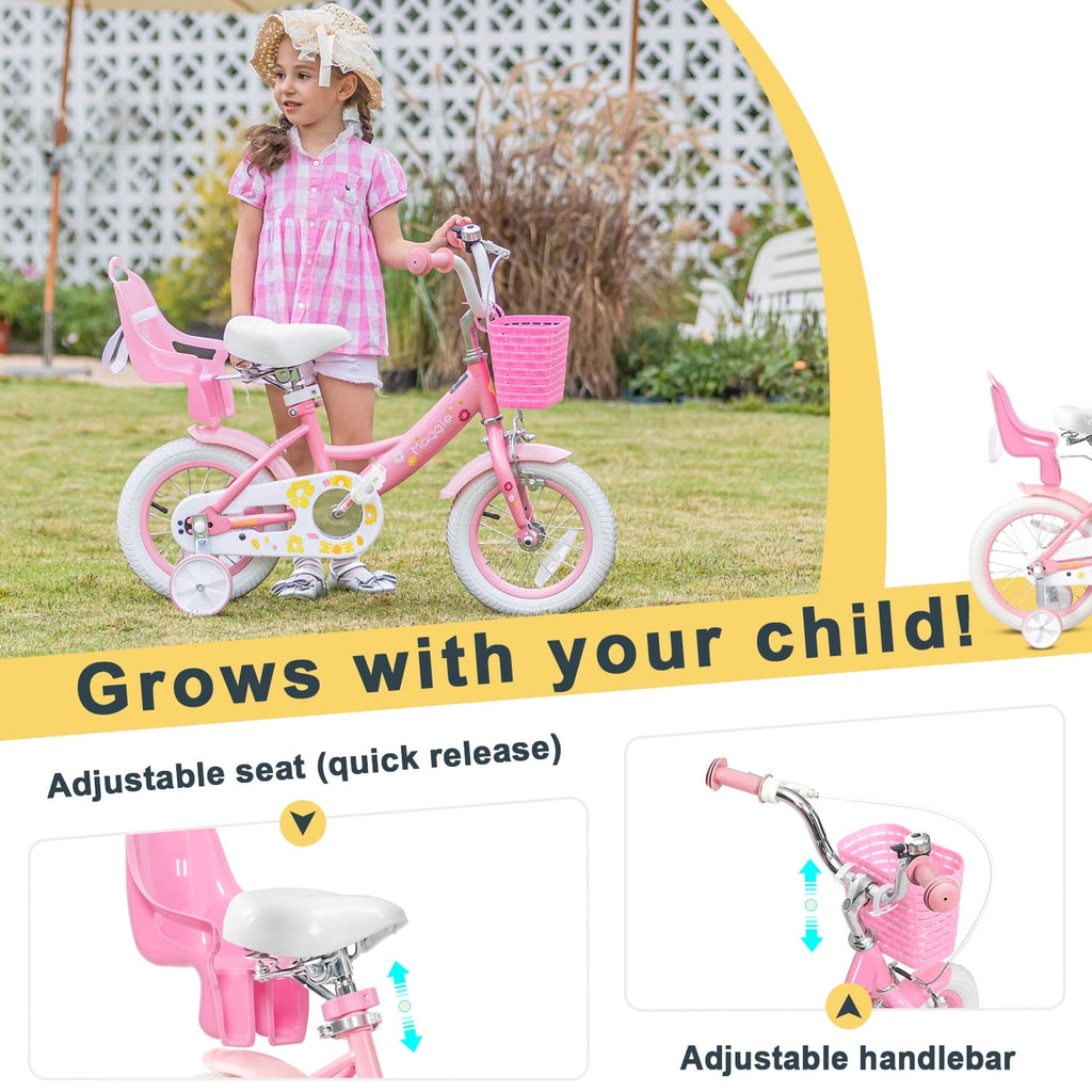 Glerc Maggie 14 inch Kids Girls Bike for Ages 3-5 Years Old Children, Princess Style Kids Bicycle with Doll-Seat & Basket & Training Wheels, Pink