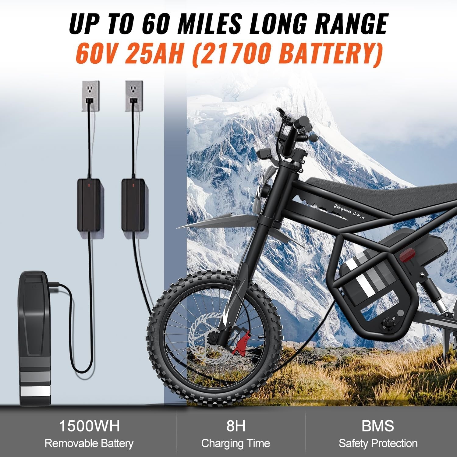 Riding'times GT54 PRO Electric Dirt Bike for Teens Adults,60V 25AH 40MPH Ebike with 14/12 Motorcycle Tire,3000W Dual Hydraulic Brakes Mountain Off-Road Dirtbike