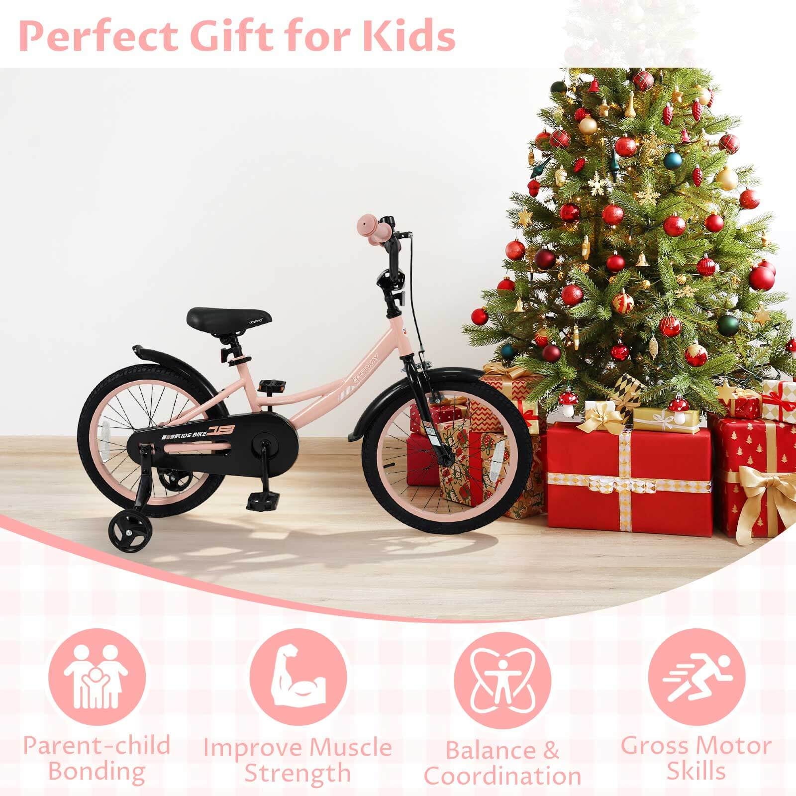 Costway 18 Inch Kids Bike with Training Wheels, Dual Brakes, Adjustable Seat & Handlebar Height Pink
