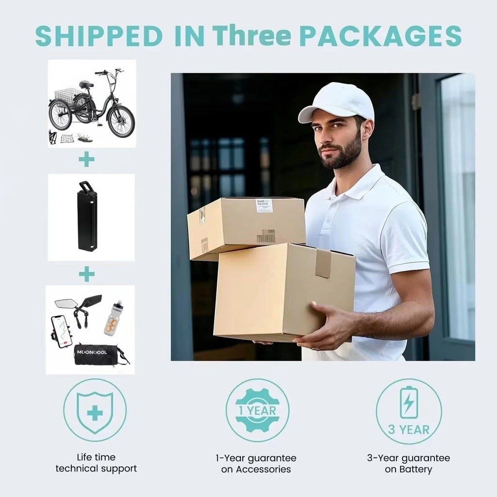 MOONCOOL Electric Trike for Adults w/ Rearview Mirror kit, 700W Peak Motor 10.4Ah battery .24/26 7 Speeds 3 Wheels Low Step Through Unisex Electric Trikes .35-60Miles
