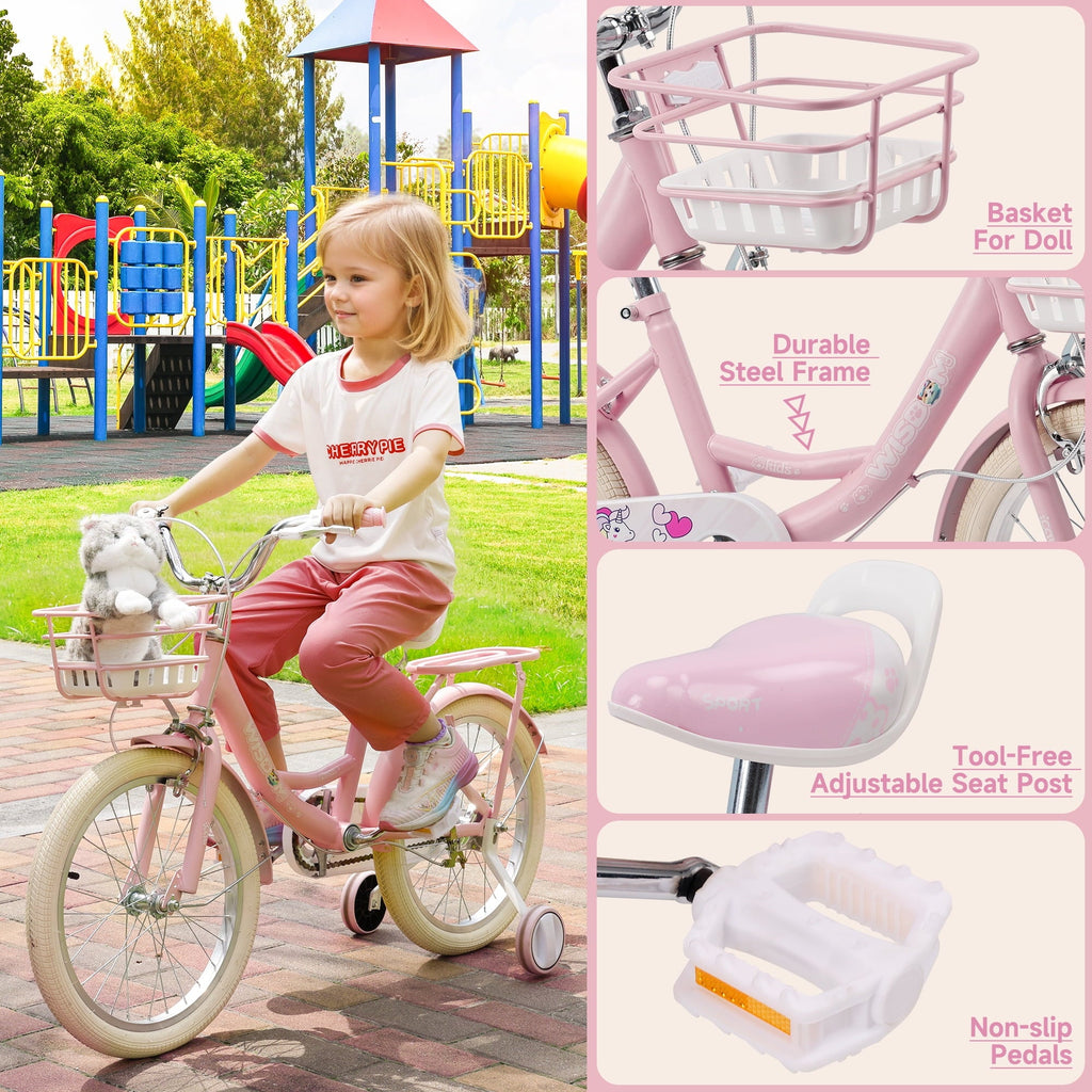 16/18 Inch Bike Kids Bicycle with Basket, Girls Bikes Ages 5-10, Kids Bicycles with Front and Rear Brakes, Kid Bike with Training Wheels, Kickstand, Rear Seat