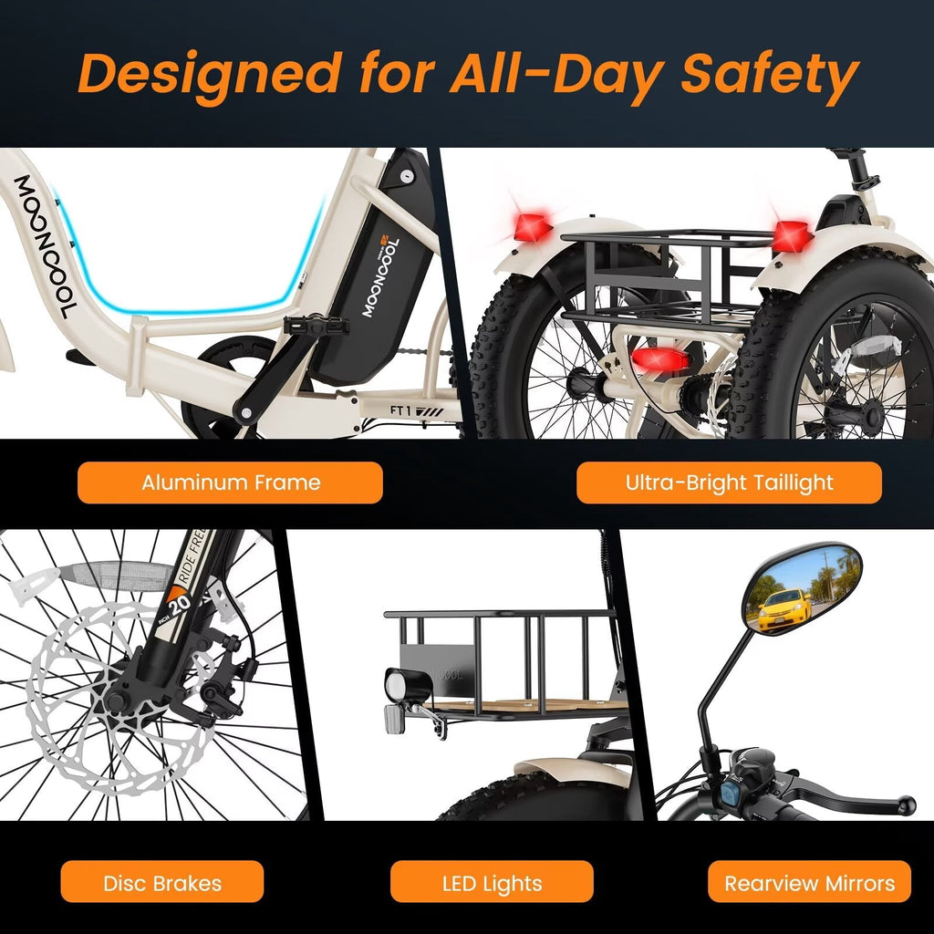 MOONCOOL Folding Electric Tricycle for Adults, 20 x 4 Fat Tire Electric Trike, 48V Peak 1092W  Electric Bicycle, 3 Wheels 7 Speed Ebike w/ 14.5Ah Removable Battery& Speed Differential Mechanism