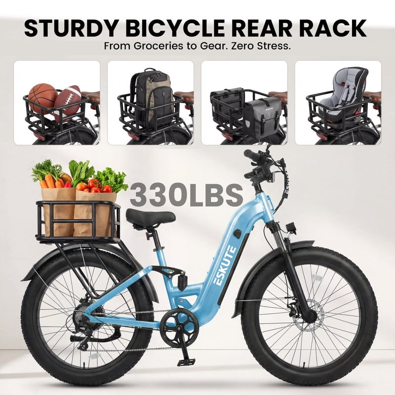 ESKUTE C300 1500W Electric Bike for Adults, 48V 20.8Ah Battery, 32MPH, 80 Miles Range, 26x4.0 Fat Tire Step-Thru Ebike, Full Suspension Electric Bicycle, 8-Speed Pink, UL2849