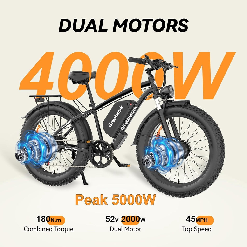 26 Electric Bike for Adult,5000w Dual Motors,up 100 Miles 52V 25Ah Ebike,26 x 4.0 Fat Tire Adult Bicycles for All Terrain,Mountain Commuter UL2849