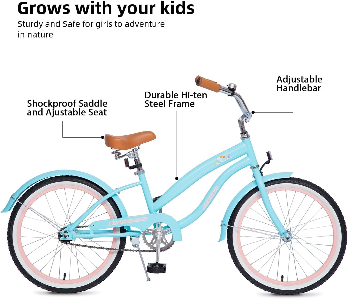 ACEGER 20 Inch Beach Cruiser Bike for Girls Ages 9-13, Pink