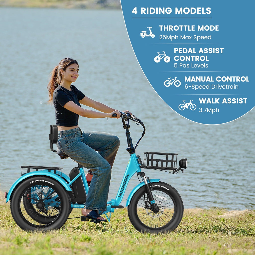 MOONCOOL TK Pro Foldable Electric Tricycle W/ Rearview mirror accessory Kit, 1500W Motor 48V 20Ah Battery, 20 Fat Tire Three Wheel 6-Speed Electric Mountain Bicycle for Adults