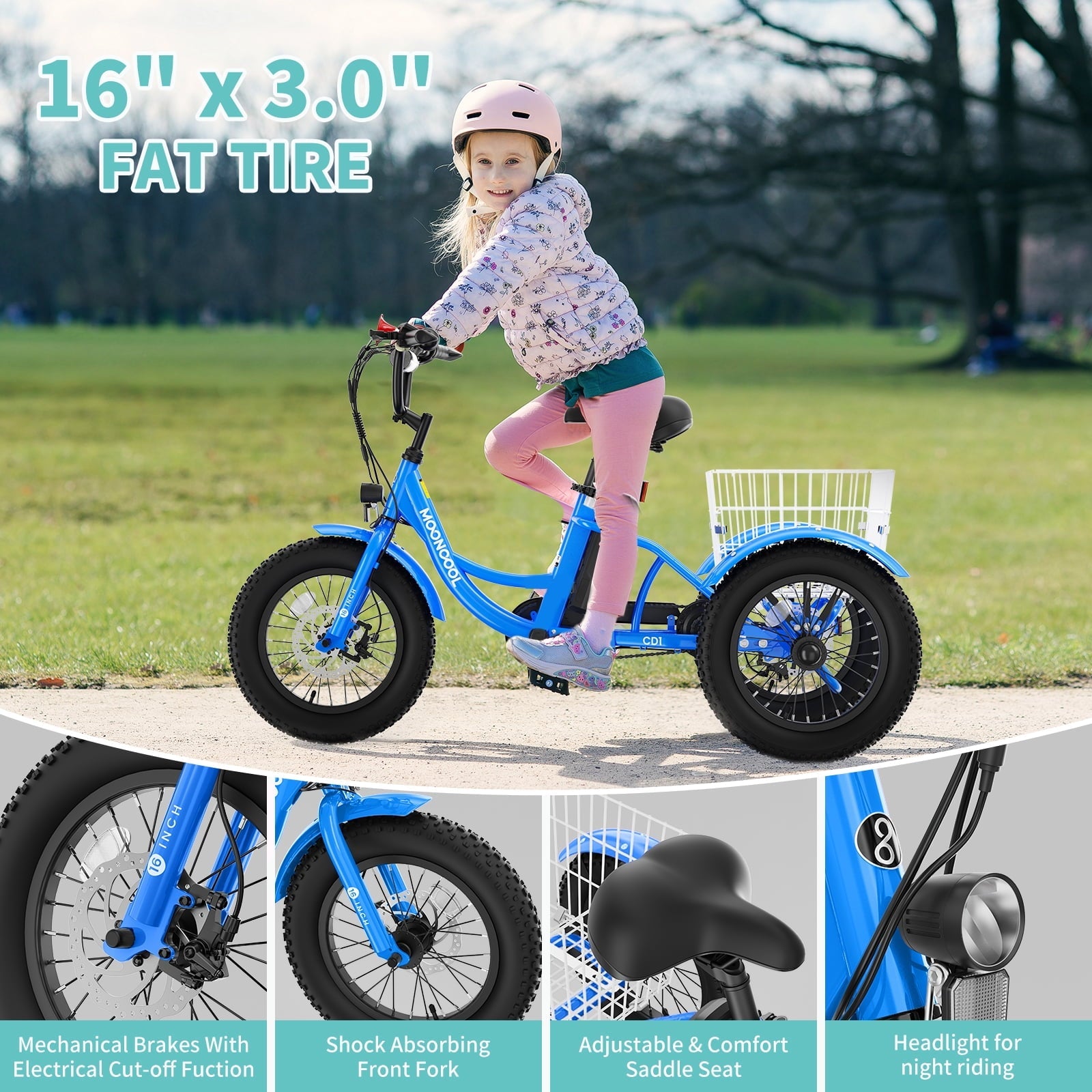 MOONCOOL Electric Tricycle for Kids ,16x3 3 Wheel 250W 10.4Ah Etrike W/ LED headlight & Rear Basket & horn bell & DIY stickers .6/9/12.5 MPH