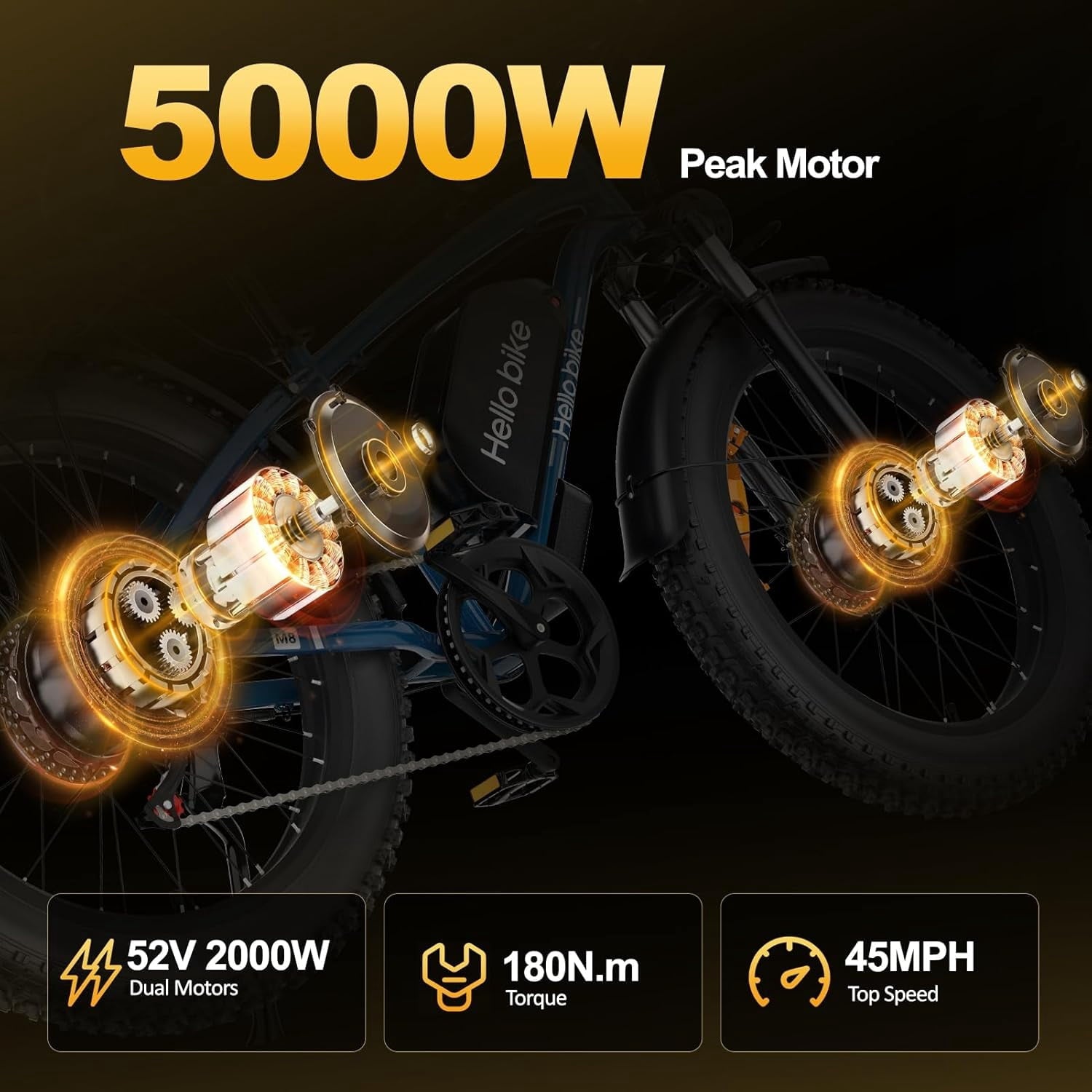 5000W Electric Bike for Adults, 52V 25Ah Max 45 mph 100 Miles, 26 Fat Tires City Commuting Ebike 7 Speed for Off-Road Mountain Riding UL 2849