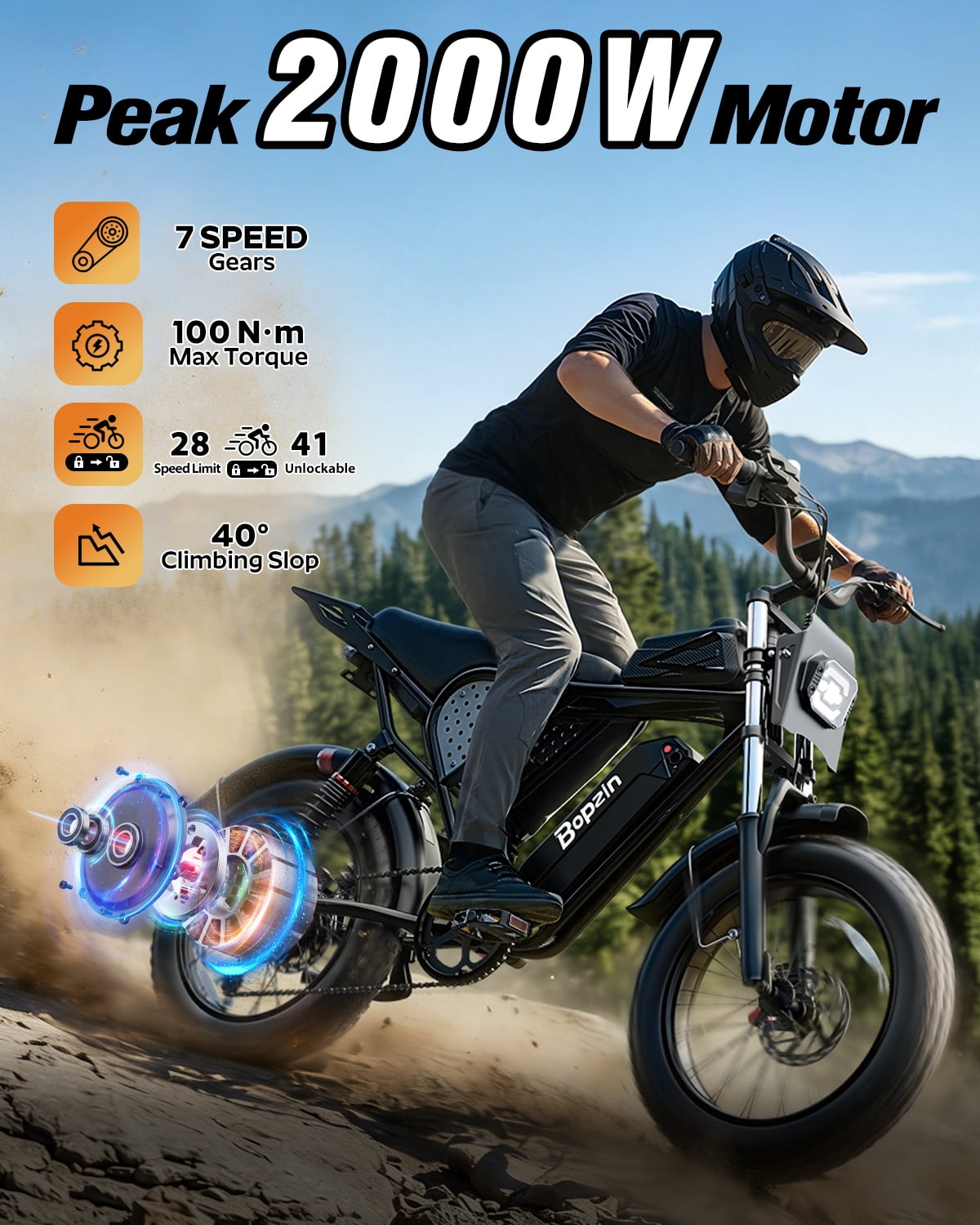 Bopzin Electric Bike for Adults, Peak 1500W App & Anti-Theft, 48V/25Ah, 20x4.0 Fat Tire Ebike, UL2849 E-Mountain Bike