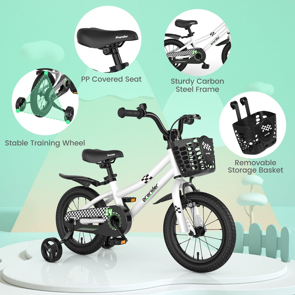 Costway 14'' Kid's Bike with Removable Training Wheels & Basket for 3-5 Years Old White