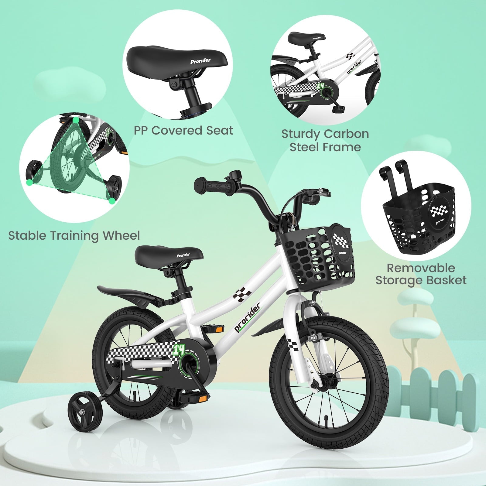 Costway 14'' Kid's Bike with Removable Training Wheels & Basket for 3-5 Years Old White