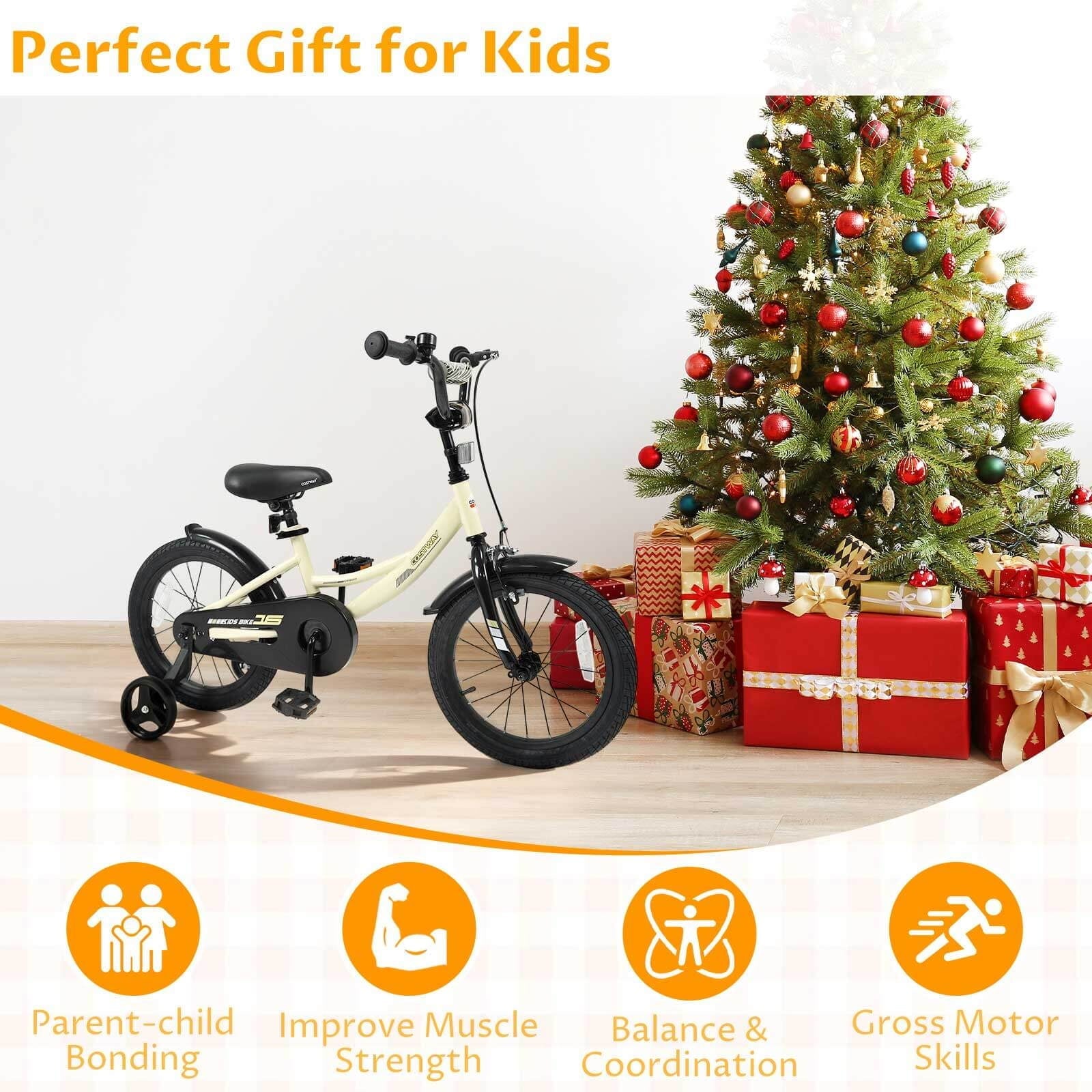 Costway 18 Inch Kids Bike with Training Wheels, Dual Brakes, Adjustable Seat & Handlebar Height Pink