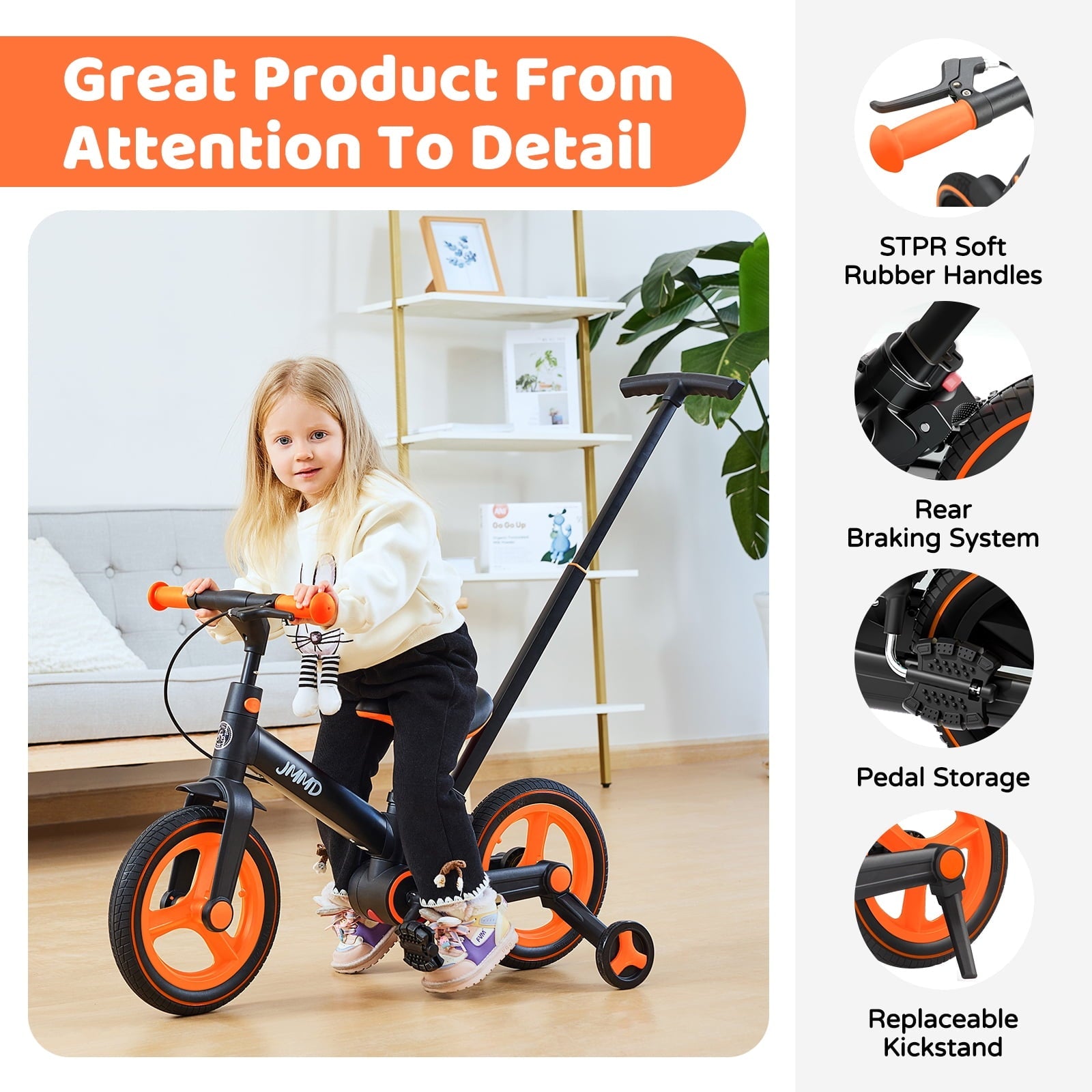 JMMD Toddler Bike with Push Handle for Kid 18-60 Months, 6 in 1 Foldable Tricycle with Training Wheel, Pedals, Kid Balance Bike for Boy & Girl, Black