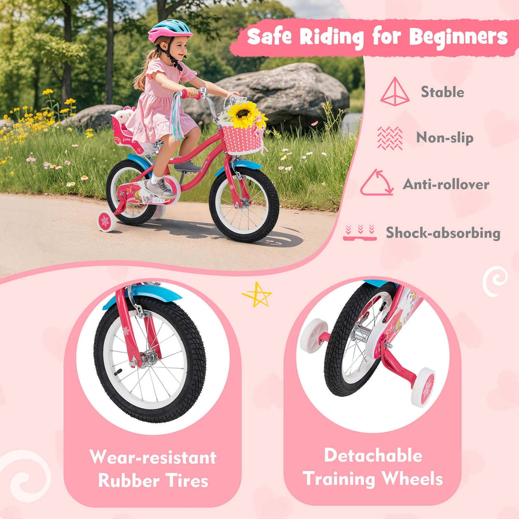 Costway 18 Inches Kids Bicycle with Training Wheels & Basket for Girls Age 4-8 Years Pink