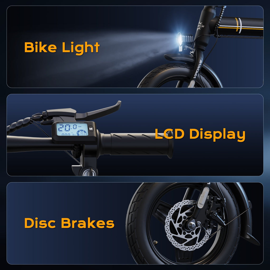 VIPDRIVE Electric Bike, 14 Folding EBike for Adults, 500W Peak Motor, 36V 7.8Ah Battery, 20MPH City Commuter E-Bike, Mini Ebike, LCD Display, UL2849