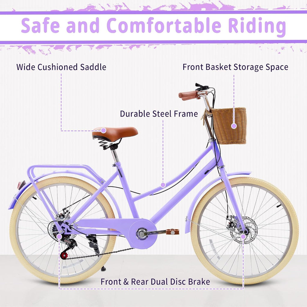 24 Beach Cruisers for Women, Pipleo Bikes for Women with Rattan Basket, 7-Speed & Step-Through Frame