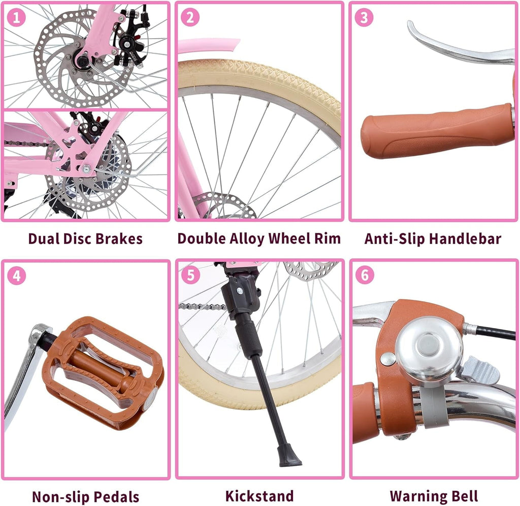 24 Beach Cruisers for Women, Pipleo Bikes for Women with Rattan Basket, 7-Speed & Step-Through Frame
