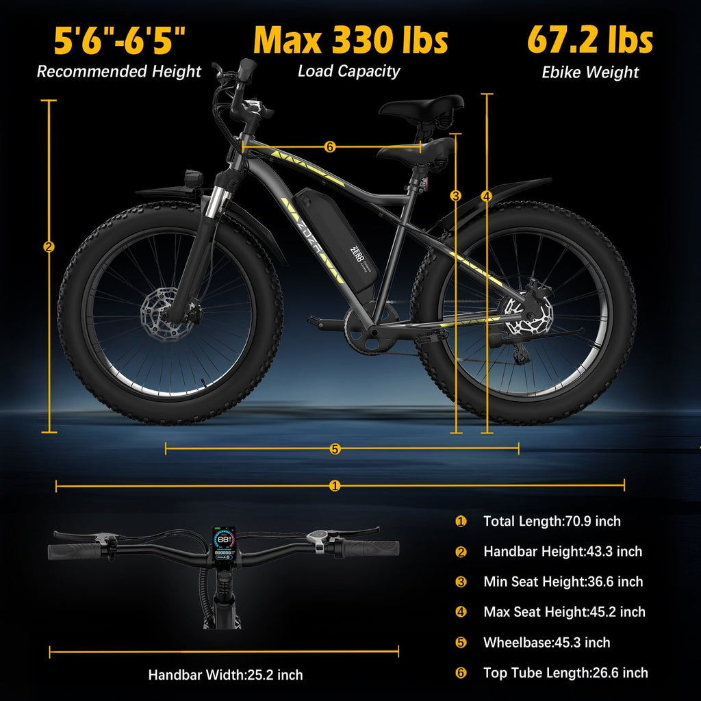 ZDZA Electric Bike for Adults, Peak 1500W Motor E-Mountain Bicycle, 26 Fat Tire 28mph Ebike, 48V 15Ah Removable, Dual Suspension with Shelf UL2849, Black