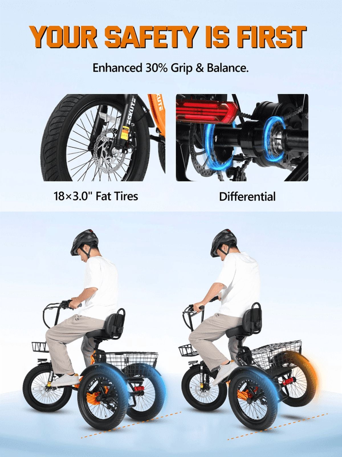 ESKUTE Electric Tricycle for Adults, 1200W Peak Motor, Up to 55 Miles Range, 624Wh Removable Battery, Folding 3-Wheel Ebike with 18x3.0 Fat Tires, Step-Through Red, UL2849