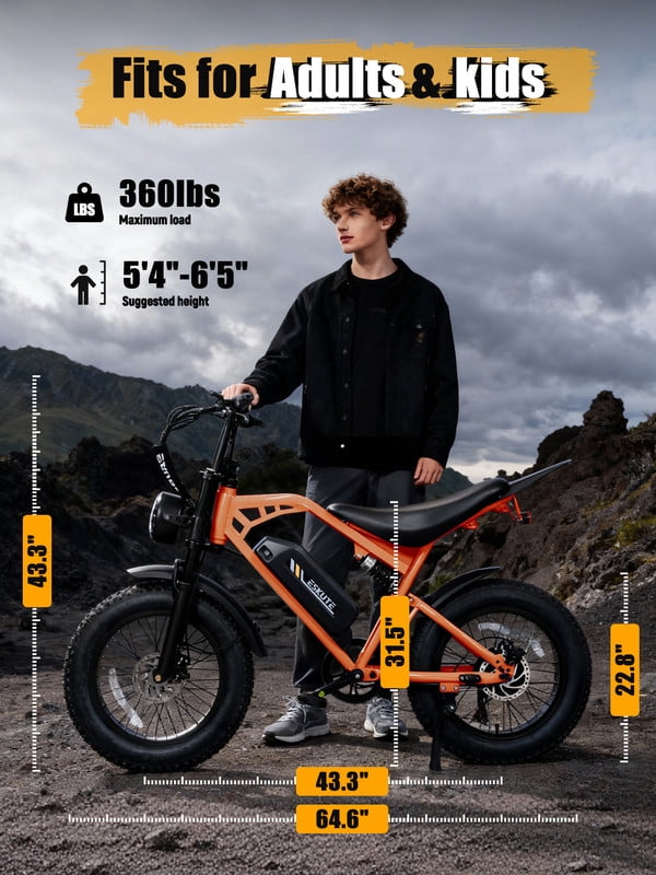 ESKUTE Electric Bike for Adults & Teens, 29MPH, 80 Miles Range, 48V 20.8Ah Battery, 20 x 4.0 Fat Tire, Dual Suspension, 7-Speed Off-Road Ebike Orange, UL2849