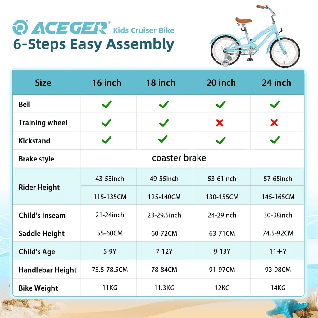 ACEGER 20 Inch Beach Cruiser Bike for Girls Ages 9-13, Pink