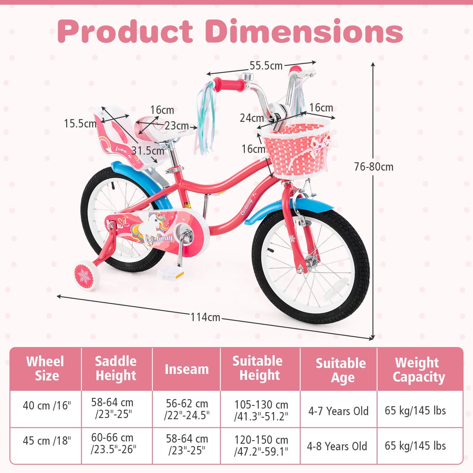 Costway 18 Inches Kids Bicycle with Training Wheels & Basket for Girls Age 4-8 Years Pink