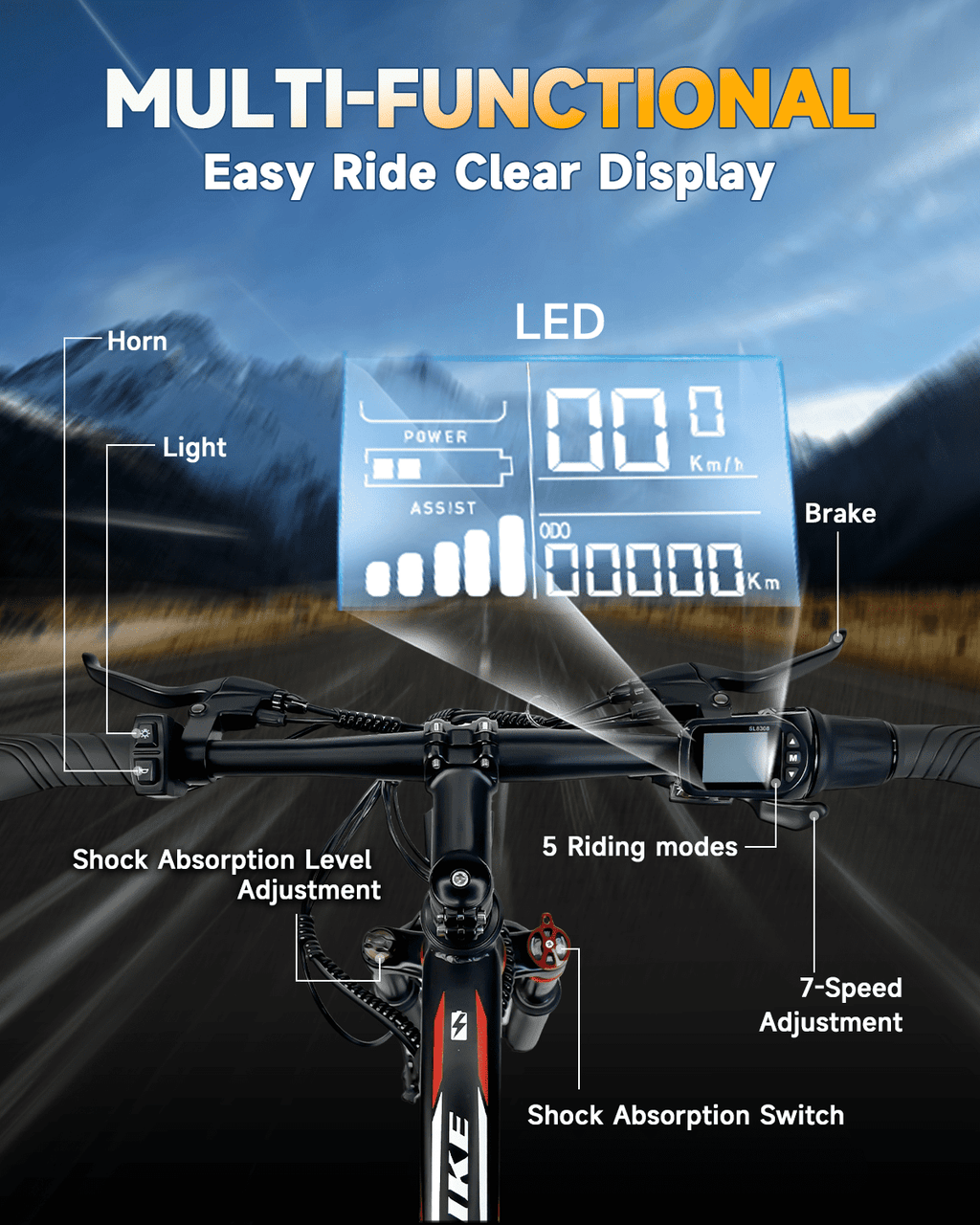 XKJ Electric Bike for Adults, 26”Electric Mountain Bike 576Wh Internal Battery & LCD Display,750W (Peak) Motor,7-Speed, Lightweight Ebike for Teens,40 Miles, Full Suspension,UL2849