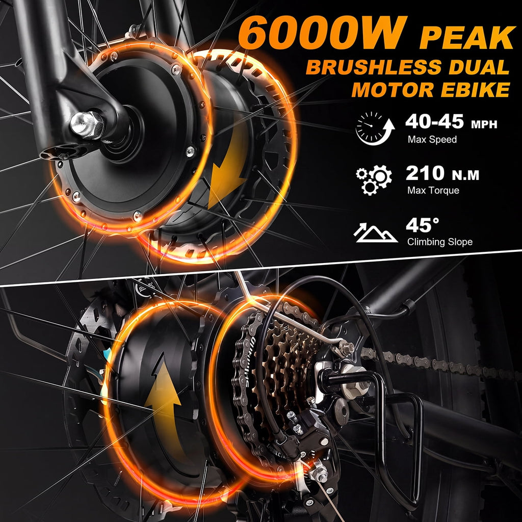 ORLMS 6000W Peak Dual Motor E-Bike, 52V 25Ah Electric Bike, 24 All-Terrain Fat Tire Bicycle, 40 mph High-Speed, Up to 105 mile Range, Hydraulic Brakes, for Off-road & Hunting