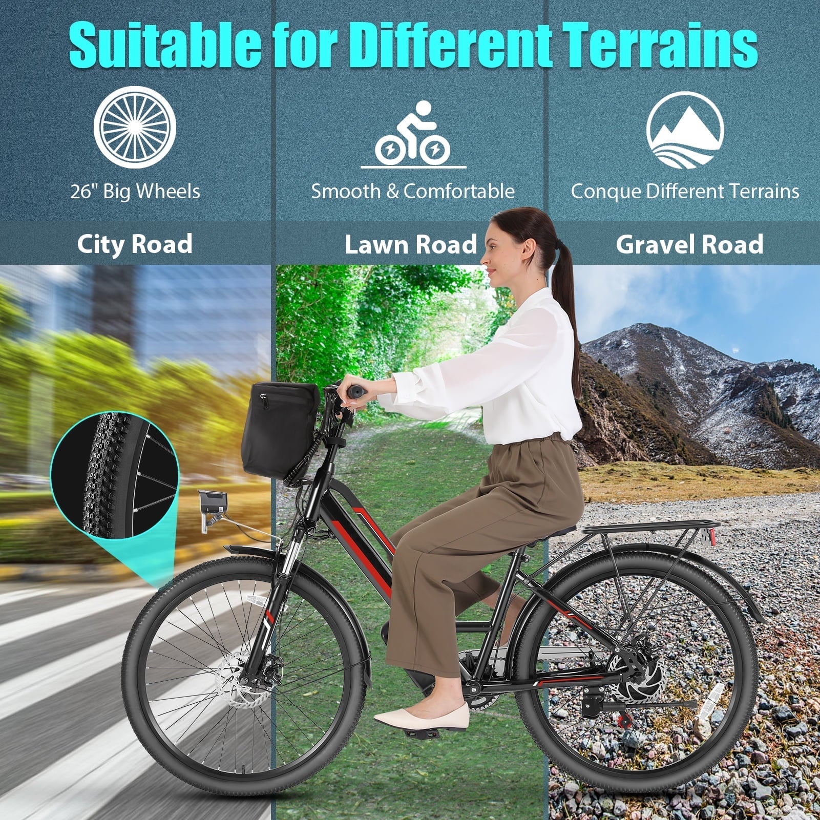 Elifine 500W Electric Bike for Adults, 26 Commuter Electric Bicycle 19.8mph City Ebike with 5 Riding Modes, 48V 7.8Ah Removable Battery UL 2849, LCD Intelligent Display Hybrid Electric Bike Red