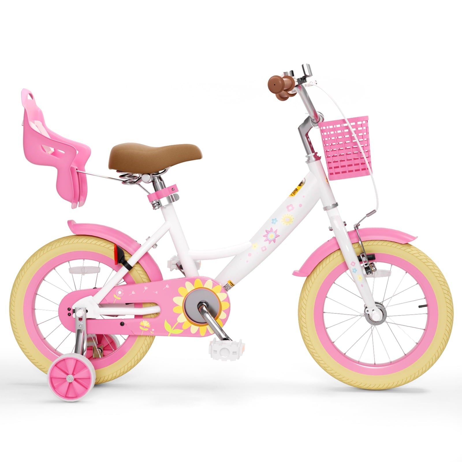 Korimefa Girls Bike for 3-9 Years Old Kids, 12 14 16 inch Kids Bike with Training Wheels, Basket and Doll Seat, Children Bicycles with Handbrake, Pink