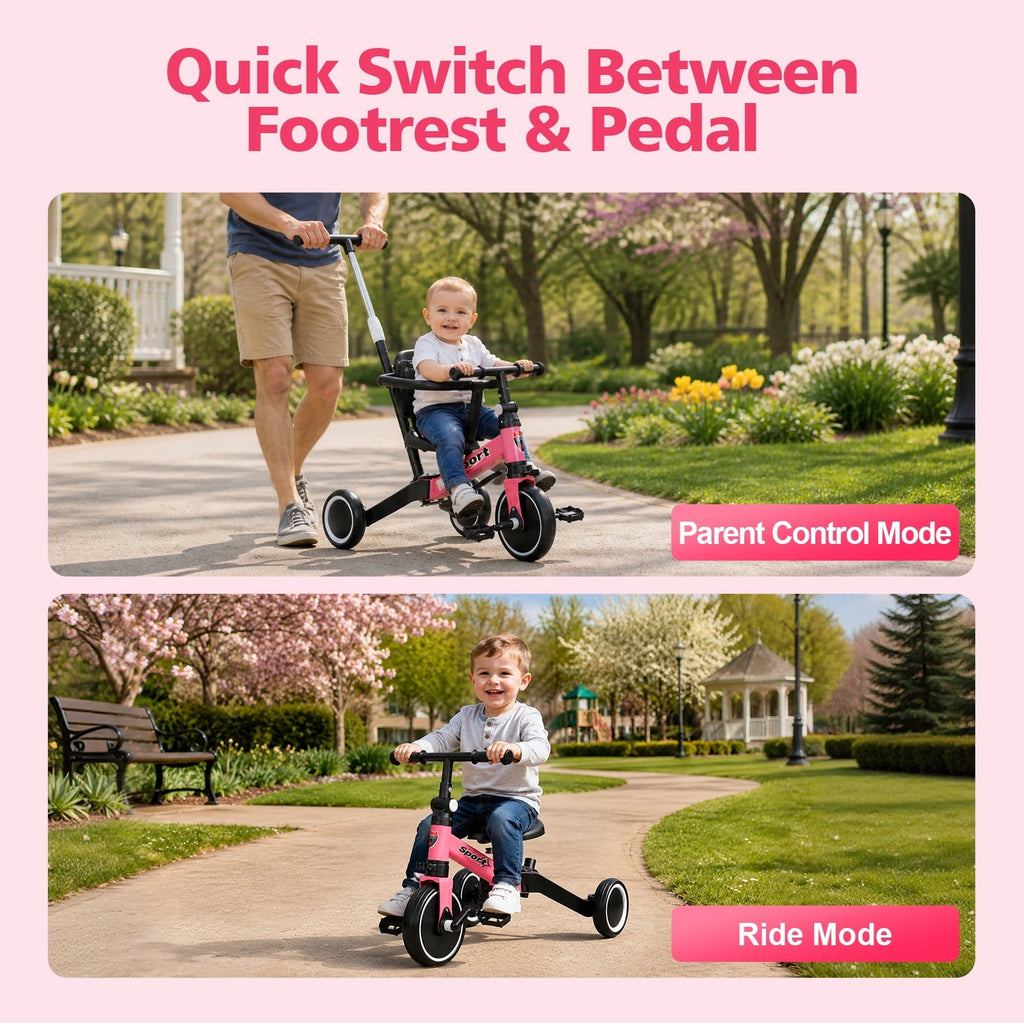 WLRETMCI 7 in 1 Toddler Bike, Tricycle for Toddlers 1-5 Year Old with UV Canopy, Balance Bike with Parental Control Handle, Adjustable Seat Height, Removable Pedal, Backrest (Pink)