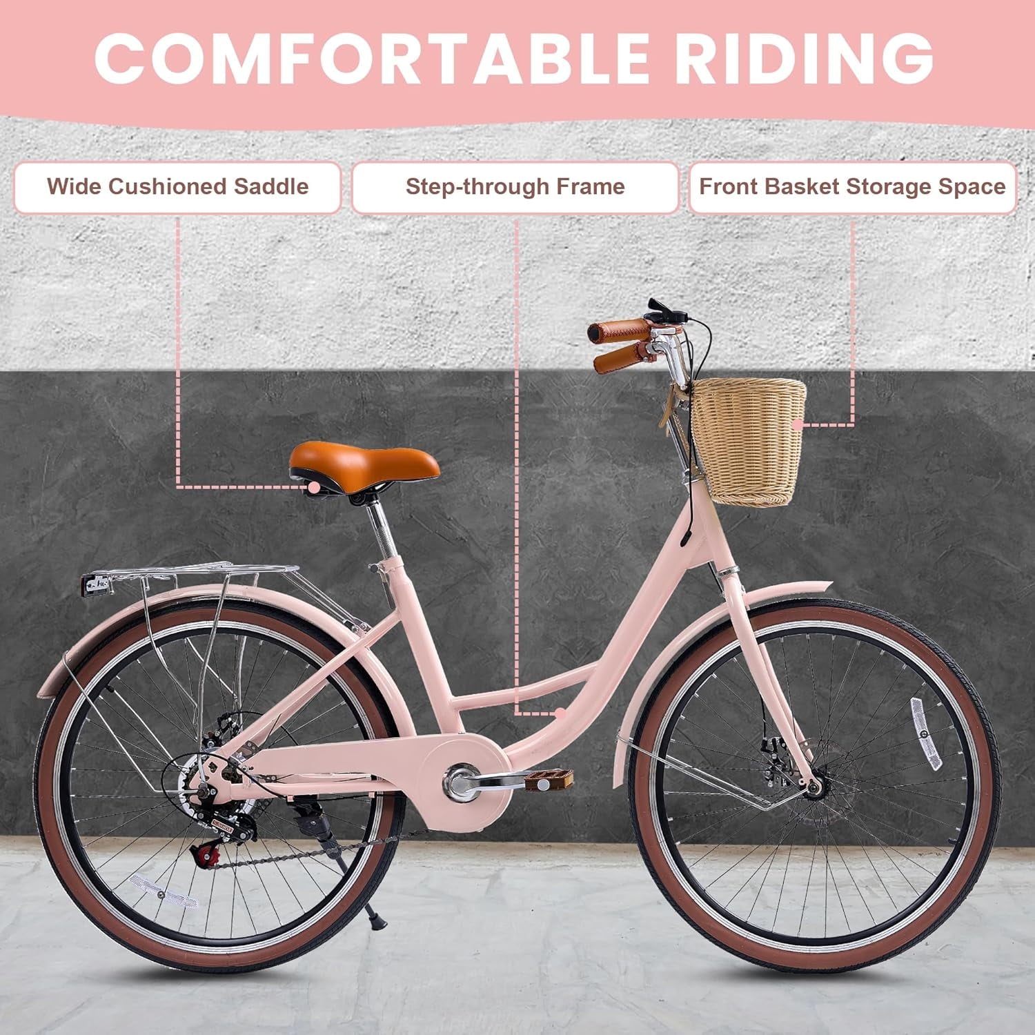 24 Beach Cruisers for Women, Pipleo Bikes for Women with Rattan Basket, 7-Speed & Step-Through Frame