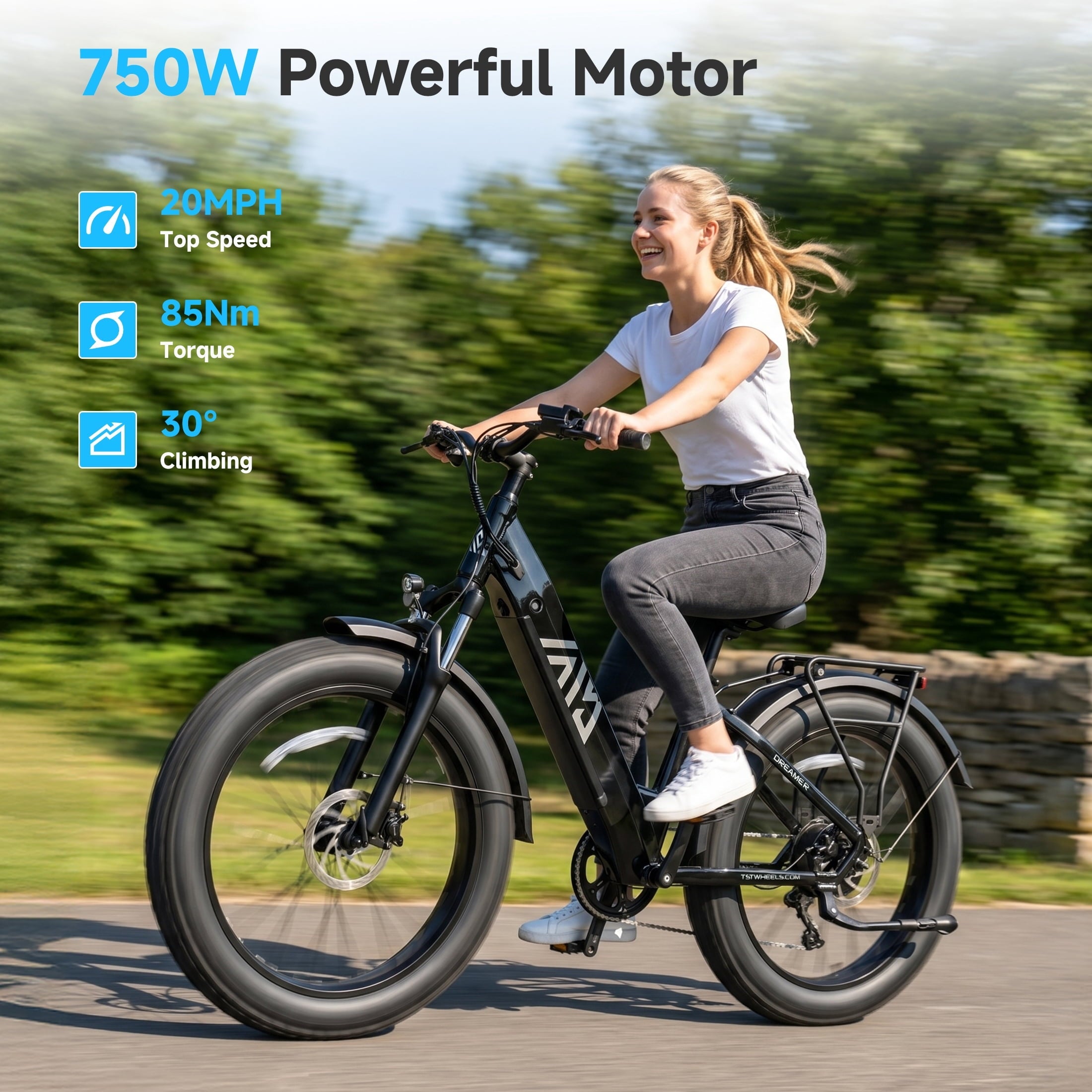 TST Dreamer Electric Bike for Women, Peak 750W E-Mountain Bike, 26 Fat Tire Electric Bike, 48V/15Ah Battery UL2849, 60Miles Long Range, 7-Speed Gear