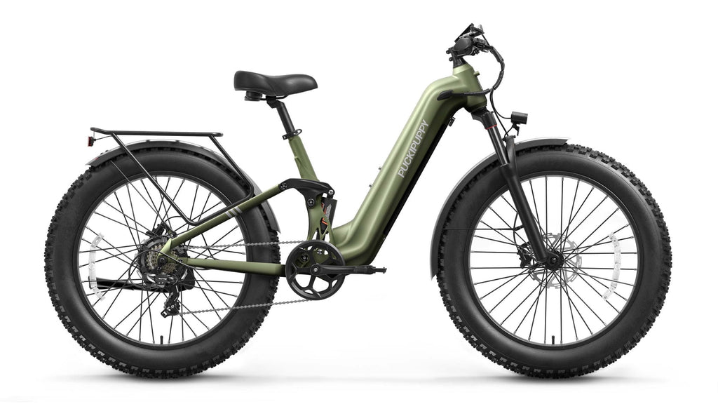 PUCKIPUPPY Electric Bikes for Adults 26 Step-Thru Ebikes 960W Peak Motor 80Miles Range 28mph Max Speed 48V 20AH Battery Full Suspension Fat Tire Mountain E Bike 7 Speed, Comply with UL2849 By SGS