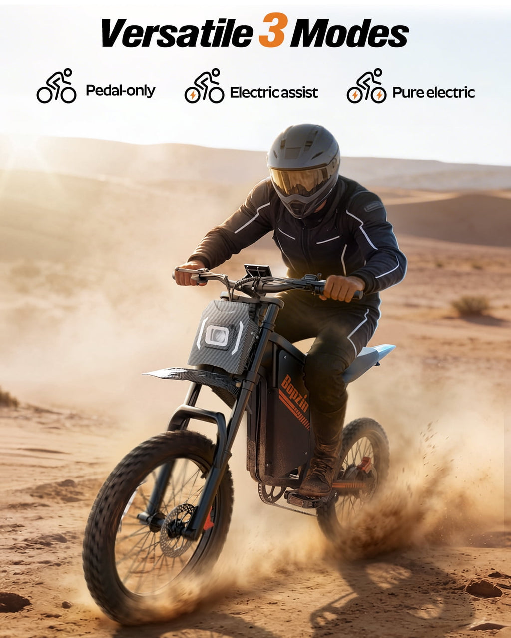 Bopzin Electric Dirt Bike for Adults, Smart App Anti-Theft, 60V 25Ah Up to 100 Miles, 3000W 20x3.0 Fat Tire Electric Bike UL2849