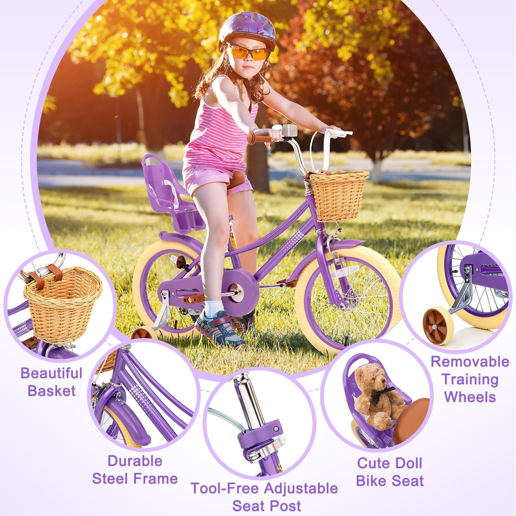 KORIMEFA Girl Bike for Toddlers and Kids Ages 3-6 Years Old, 12 inch Kids Bike with Training Wheels & Basket, 12 in Girl Bicycle with Handbrake & Kickstand