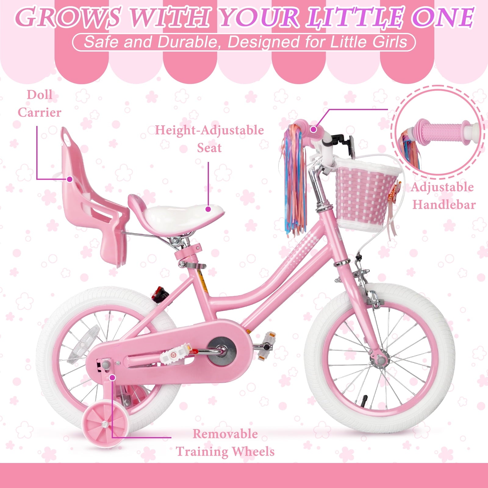 XJD Girls Bike for Toddlers 3-9 Years Old Kids, 16 Inch Kids Bike with Training Wheels, Streamers, Basket and Doll Seat, Children Bicycles with Handbrake