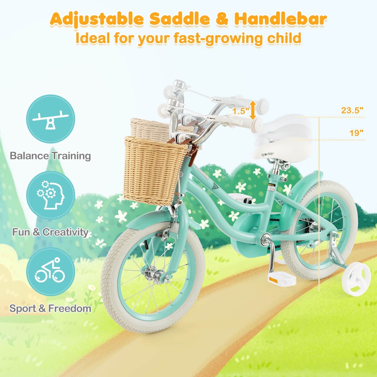 Costway 16 Kid's Bike with Training Wheels Adjustable Handlebar Seat Handbrake Pink