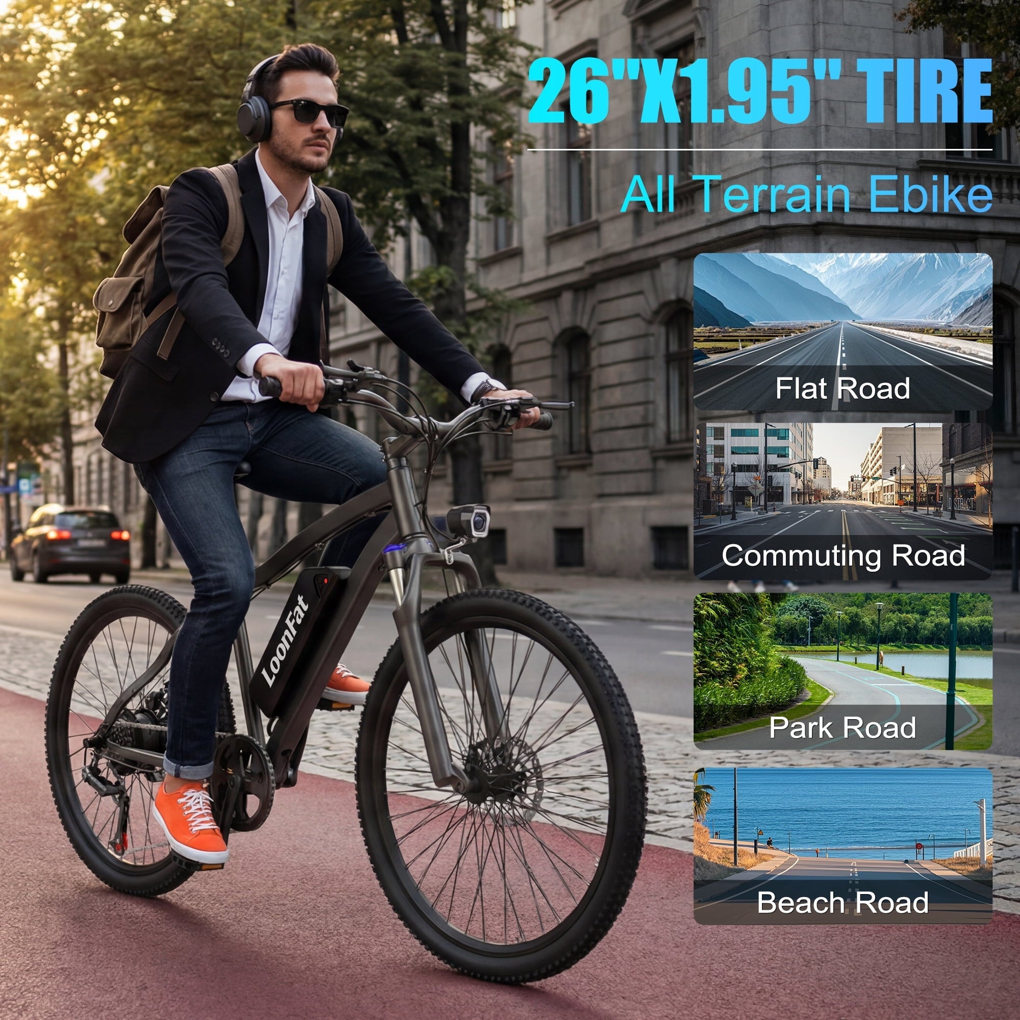 Loonfat E26 26-inch Adult Electric Bike (Black), 750W Peak, 36V 10.4Ah Battery, 35-Mile Range, High Carbon Steel Frame, 7-Speed, UL 2849 Certified