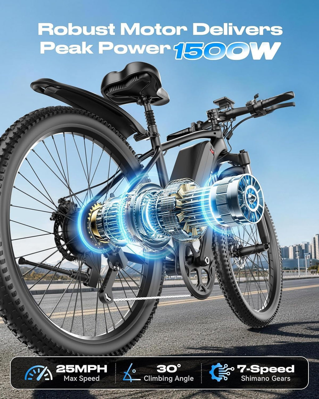 Electric Bike for Adults, 26 E Bike with 1500W Peak Motor, 25 MPH, 50+ Miles Range Electric Bicycle, UL 2849 Electric Mountain Bike
