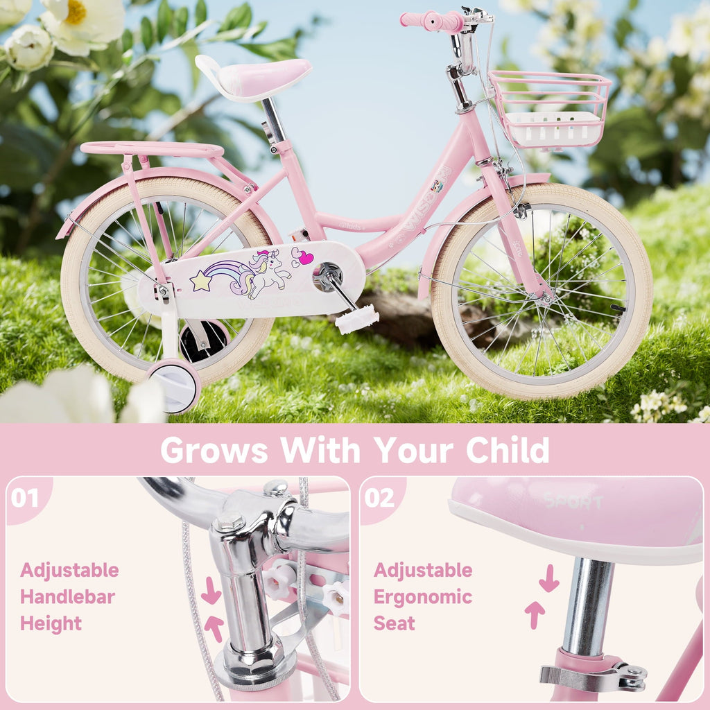 16/18 Inch Bike Kids Bicycle with Basket, Girls Bikes Ages 5-10, Kids Bicycles with Front and Rear Brakes, Kid Bike with Training Wheels, Kickstand, Rear Seat