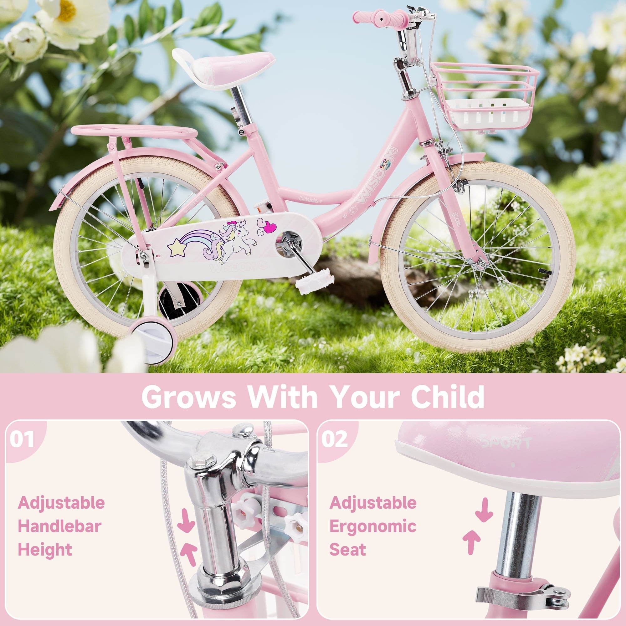 16/18 Inch Bike Kids Bicycle with Basket, Girls Bikes Ages 5-10, Kids Bicycles with Front and Rear Brakes, Kid Bike with Training Wheels, Kickstand, Rear Seat
