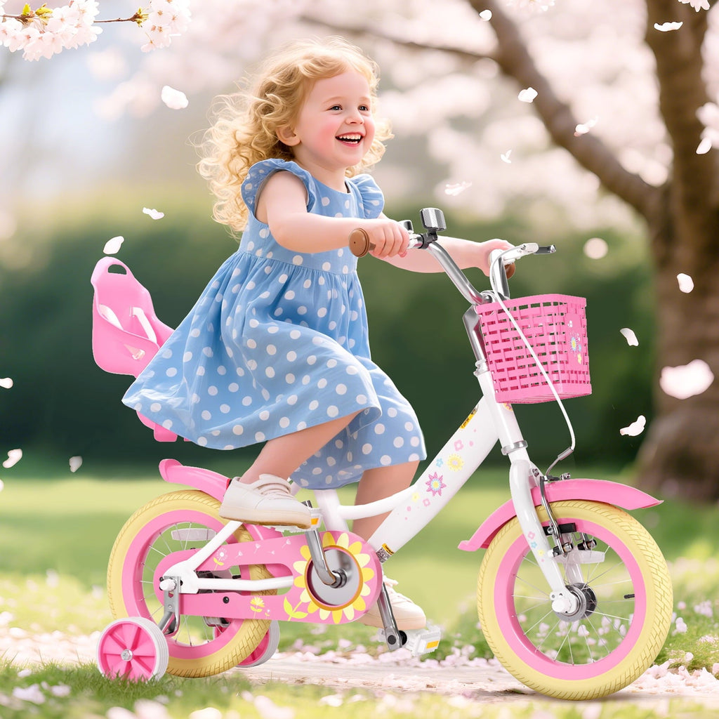 KORIMEFA Bikes for Girls 3-6 Years Old Toddlers, 12 inch Girls Bike with Training Wheels, Basket and Doll Seat, Children Bicycles with Handbrake, White