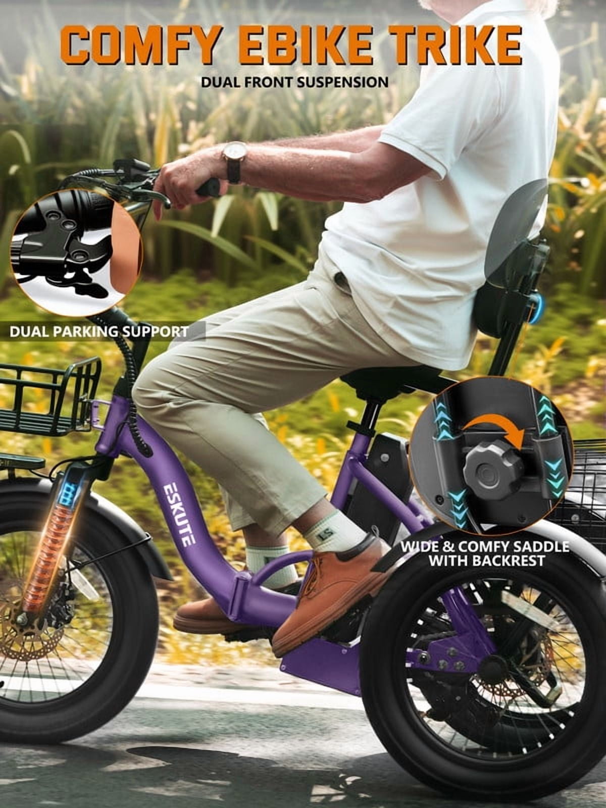 ESKUTE Electric Tricycle for Adults, 1200W Peak Motor, Up to 55 Miles Range, 624Wh Removable Battery, Folding 3-Wheel Ebike with 18x3.0 Fat Tires, Step-Through Red, UL2849