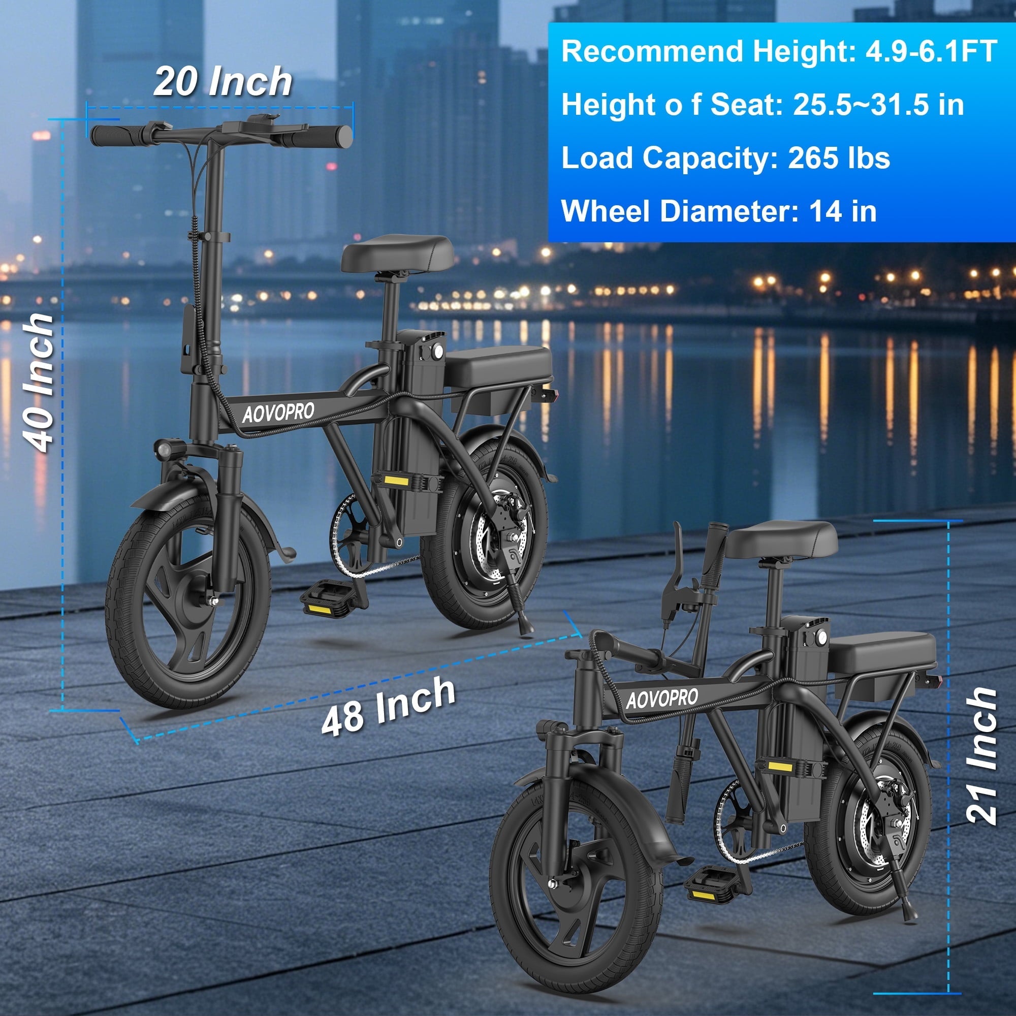 AOVOPRO AHT14 Electric Bike 500W 48V, 14' Mini Ebike for City Commuter, Electric Bicycle for Adult with Two Seats UL2849
