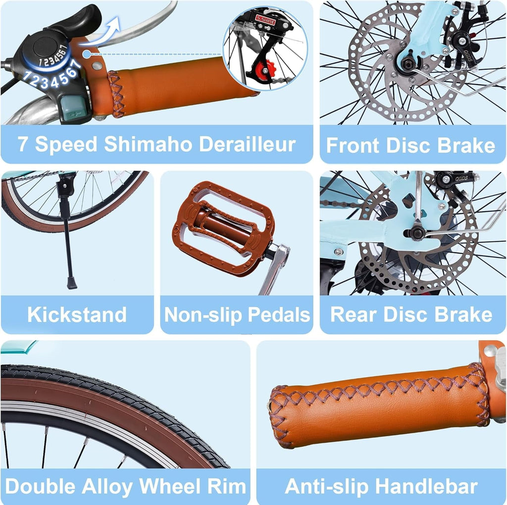24 Beach Cruisers for Women, Pipleo Bikes for Women with Rattan Basket, 7-Speed & Step-Through Frame